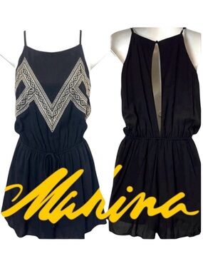 Mahina Black/White Embroidery Top Elastic Waist Open Keyhole Back Romper (S)